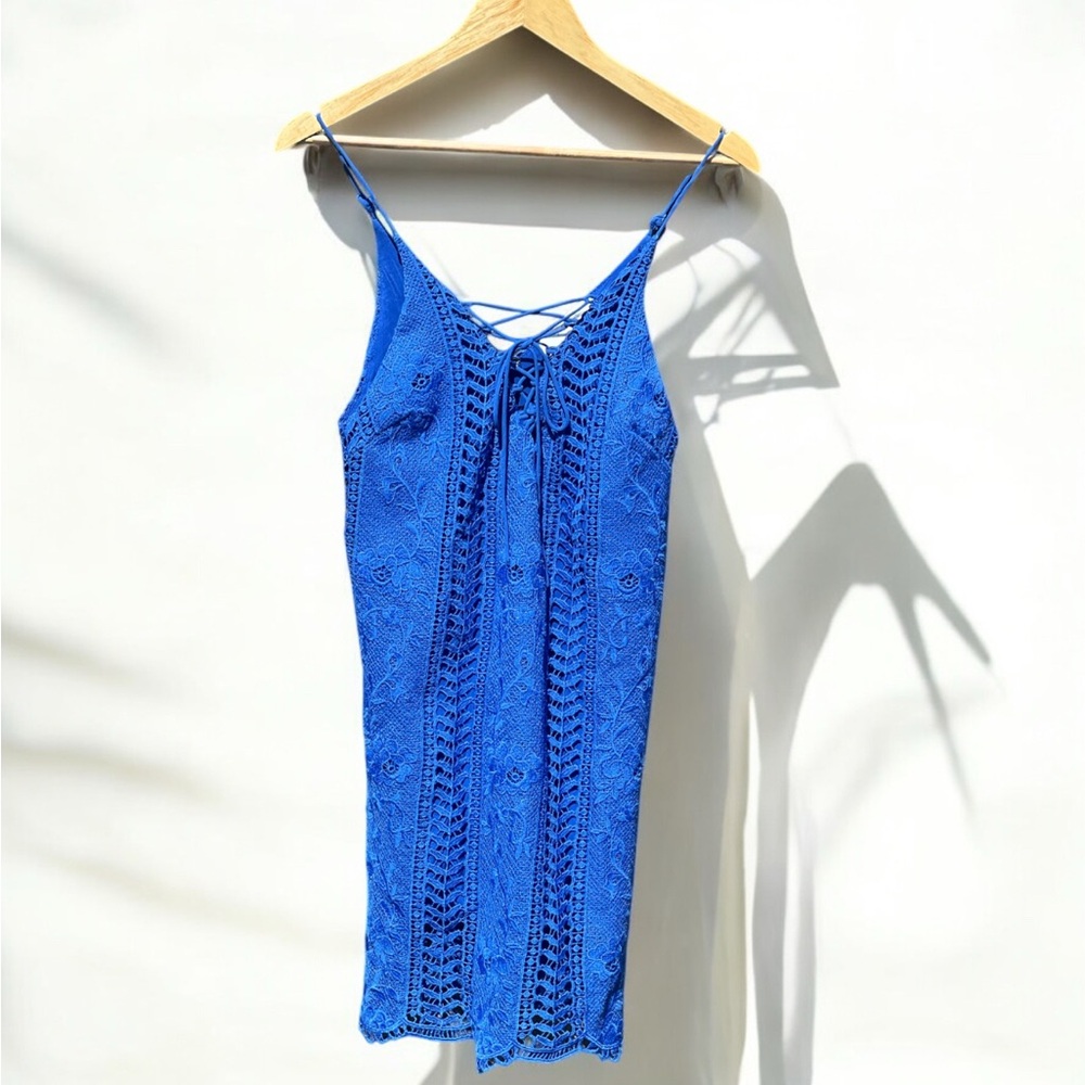 ASTR THE Label ROYAL Blue Floral Crochet Lace up Dress